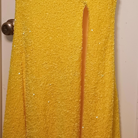 Sunflower Yellow Sequin One Shoulder Mermaid Gown - Picture 2 of 11
